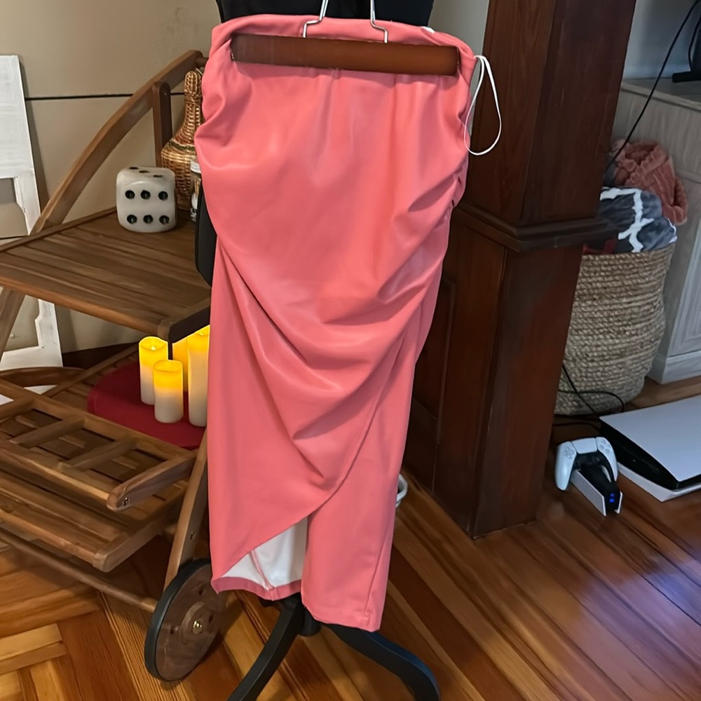 NWT! Faux Leather Wrap Ruched Deep Watermelon Pink Midi Skirt